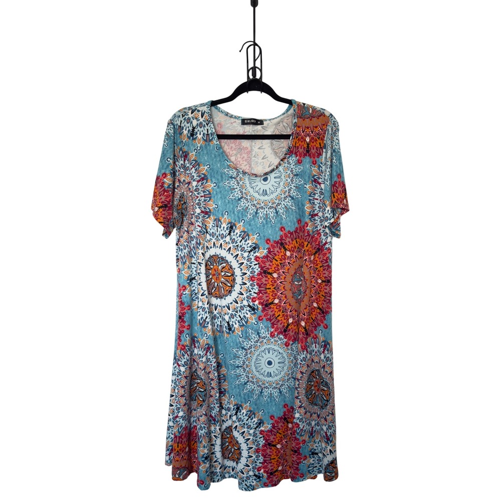 Belaroi 3X Boho Mandala Geometric Print Boho Chic A Line Swing Dress Artisan